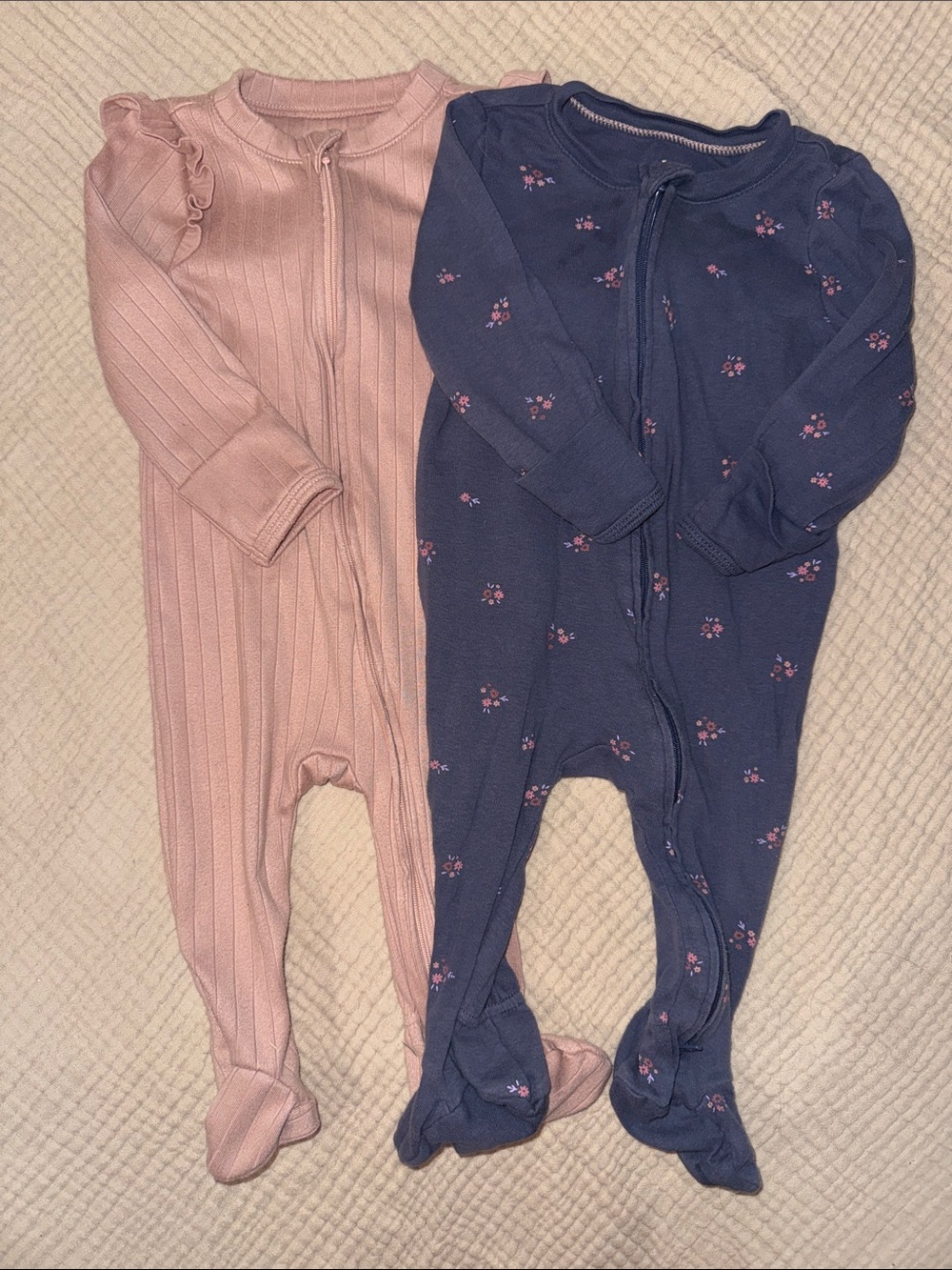 cloud island Pink Ribbed & Navy Floral Footed One-Piece Set
